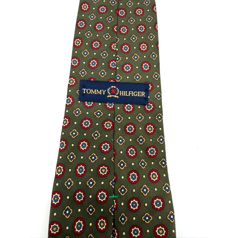 Tommy Hilfiger Silk Tie Mens Olive Green Red Geometric Medallion Made in USA